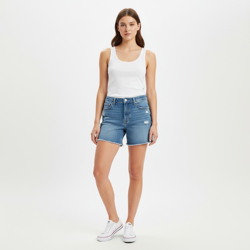 Levi Strauss VTG Original Denim Shorts Womens Size 14 Light Blue Distressed Hem‎